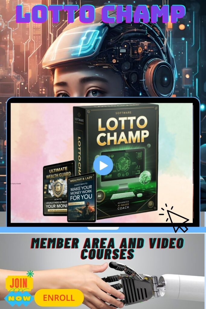 Lotto Champ AI Software dashboard showing lottery prediction system and features