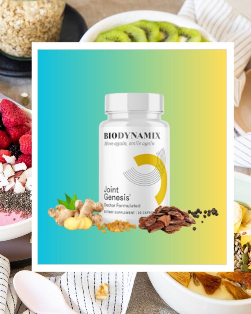 Joint Genesis supplement bottle with natural ingredients for joint health, including Mobilee® Hyaluronan, Pine Bark Extract, and Boswellia Serrata