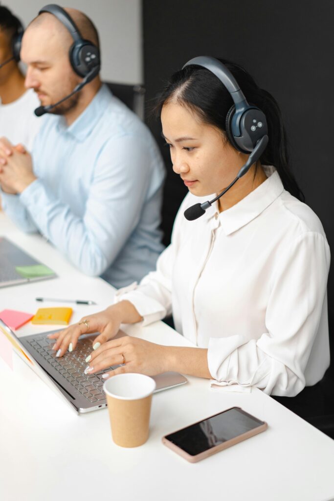 Remote live chat agent working from home on laptop